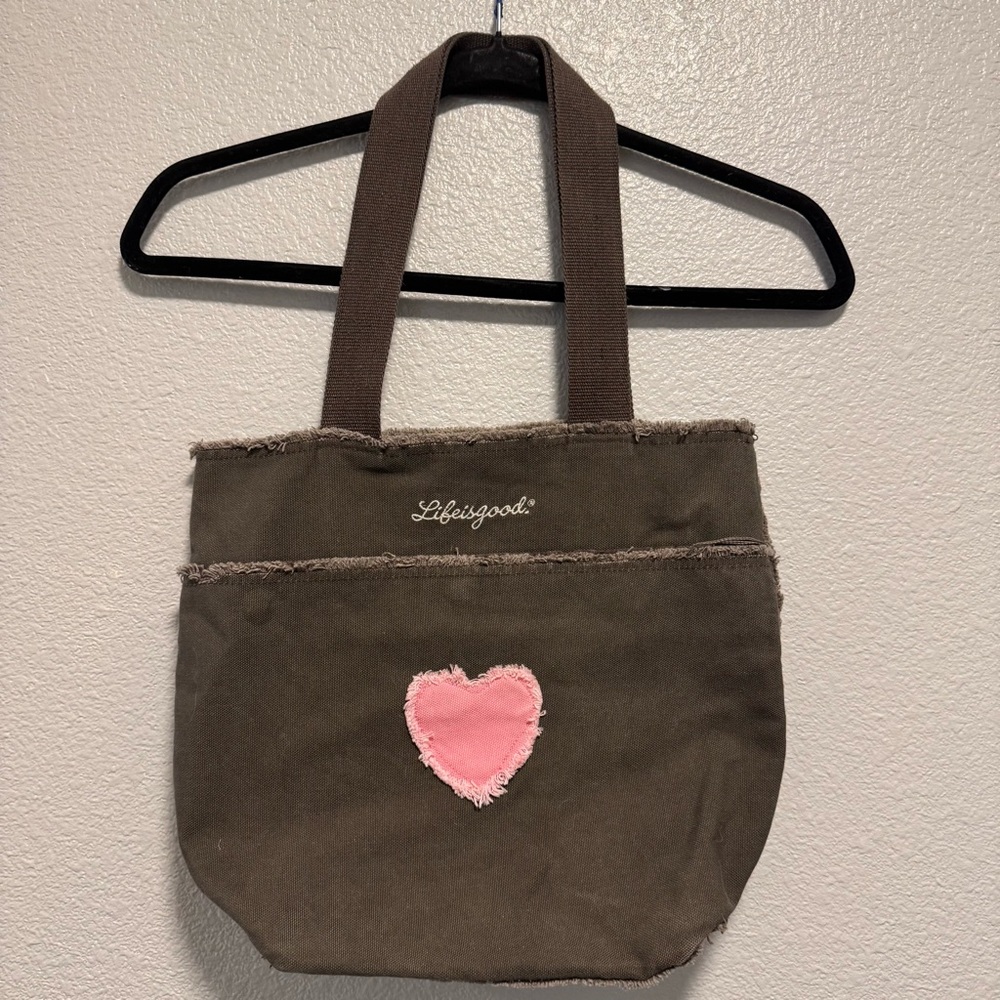 Life is Good Canvas Tote Bag Brown Heart Embroidered Inside Pocket